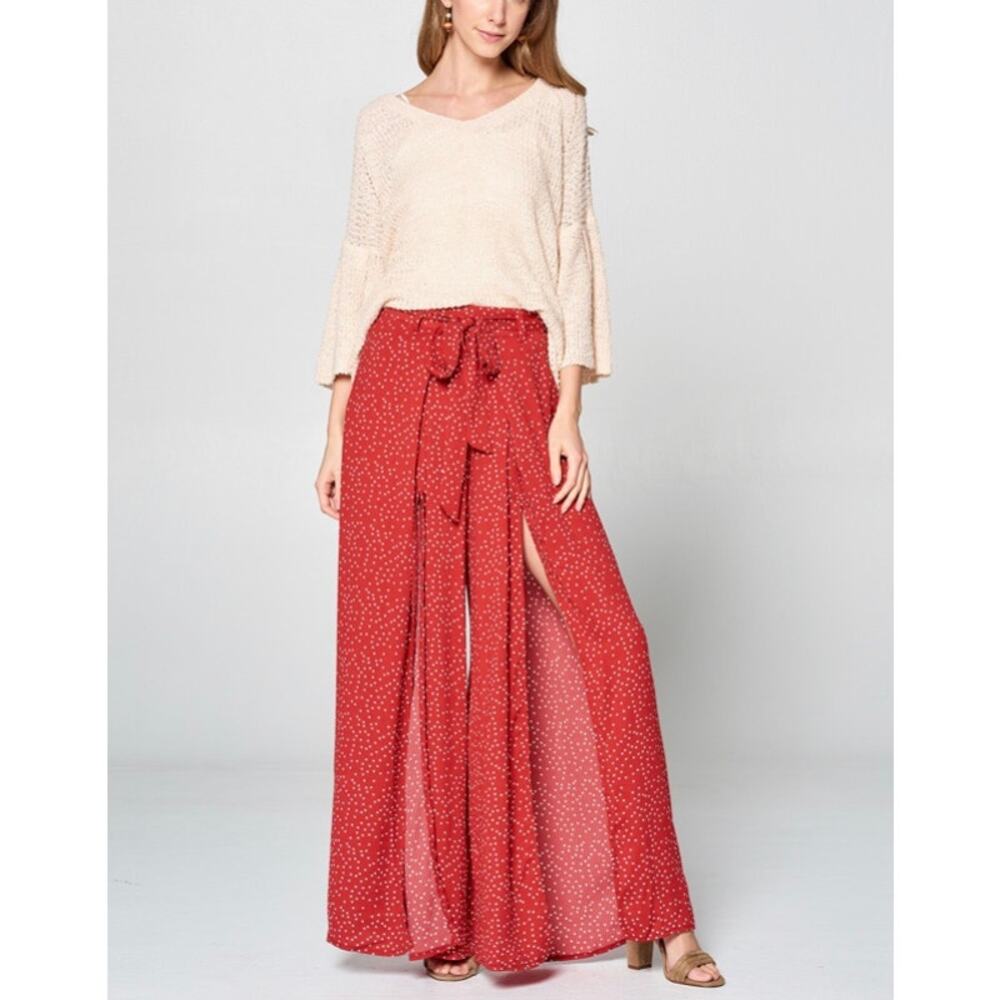 Red Polka Dot Palazzo Pants Open Leg Tie Waist Flowy Boho Women Large
